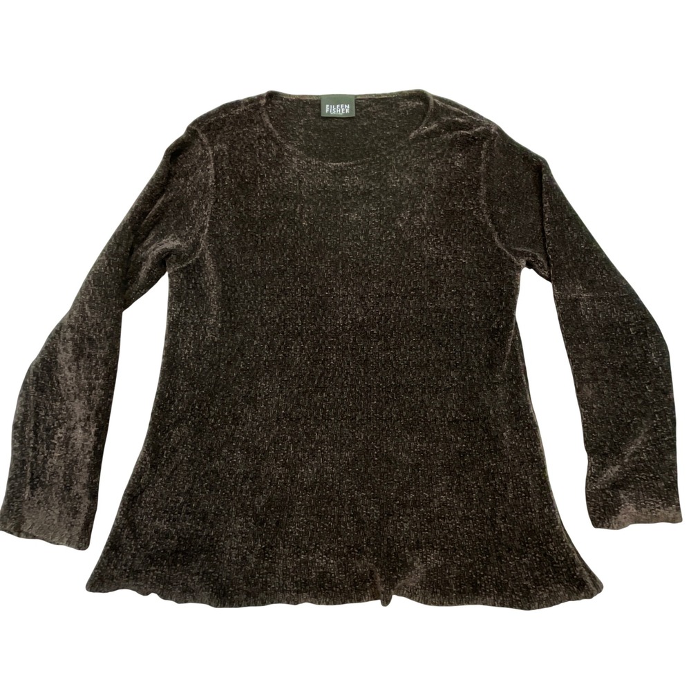 Eileen‎ Fisher Chenille Top Womens L Brown Long Sleeve Cozycore Crew Neck Knit